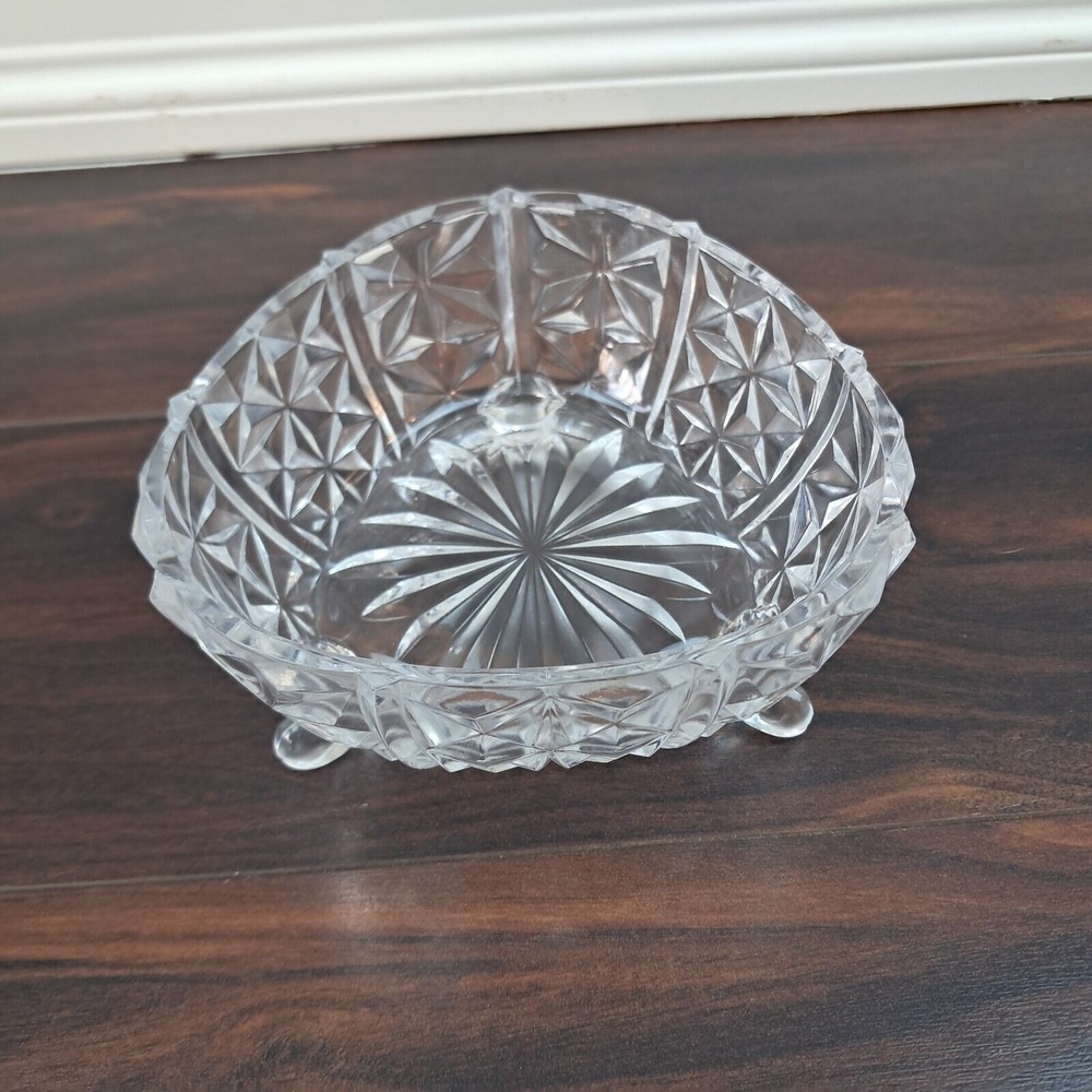 Vintage 3 Footed Etched & Cut‎ Glass Bowl With Sunburst Design, 3" High